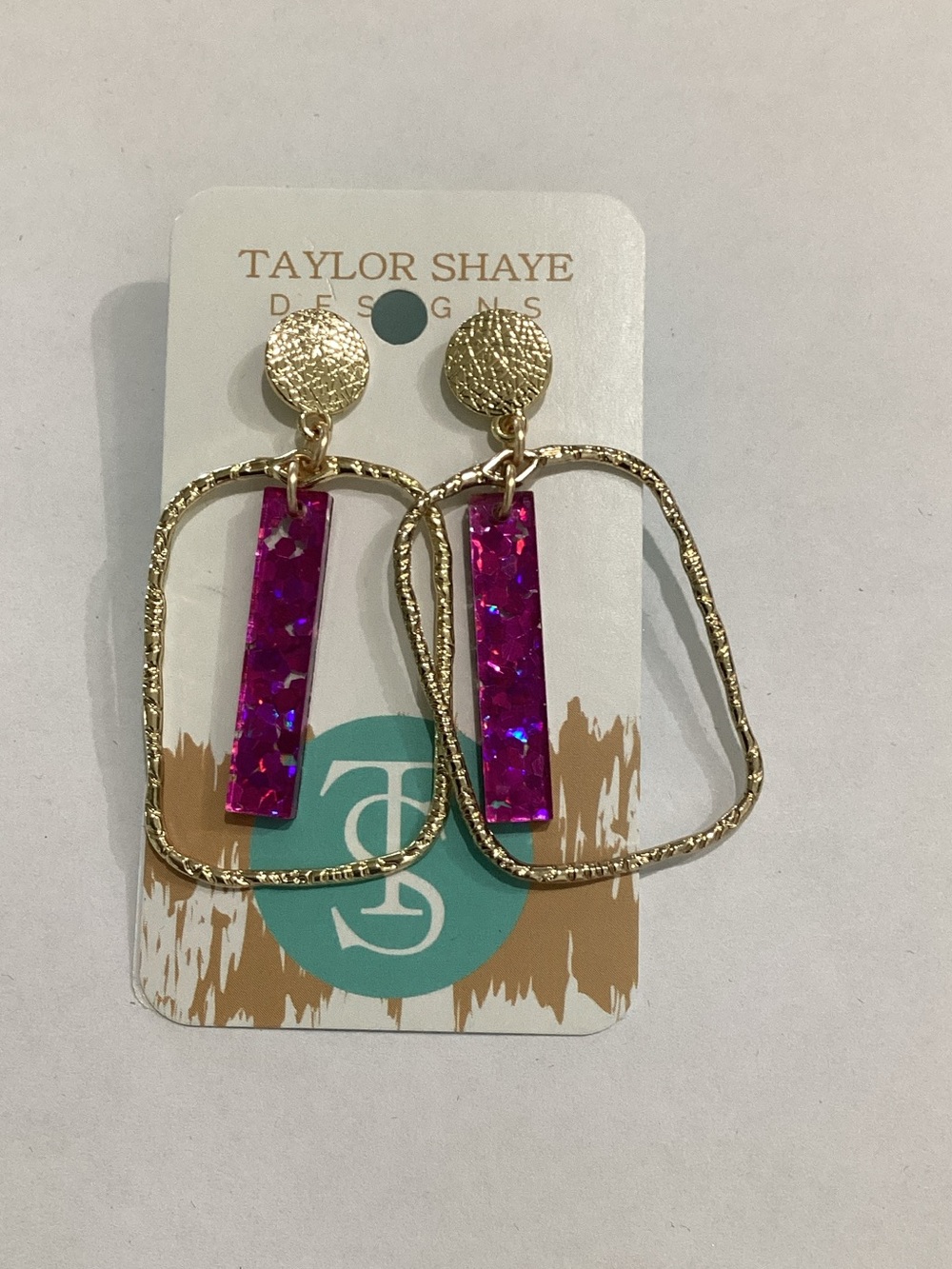 Taylor Shaye Gold Drop Earrings with Fuchsia Glitter Bar